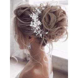 Slv hrnl med smukke hvide perler, slv blade og hvide blomster