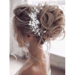 Slv hrnl med smukke hvide perler, slv blade og hvide blomster