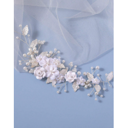 Slv hrnl med smukke hvide perler, slv blade og hvide blomster