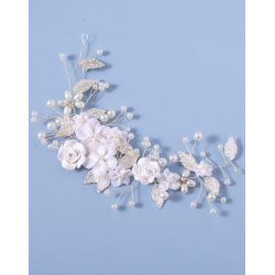 Slv hrnl med smukke hvide perler, slv blade og hvide blomster