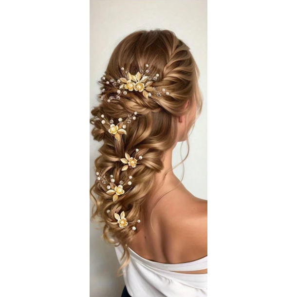 5 stk. Hrnle med hvide perler, blomster og guld blade 