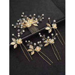 5 stk. Hrnle med hvide perler, blomster og guld blade 