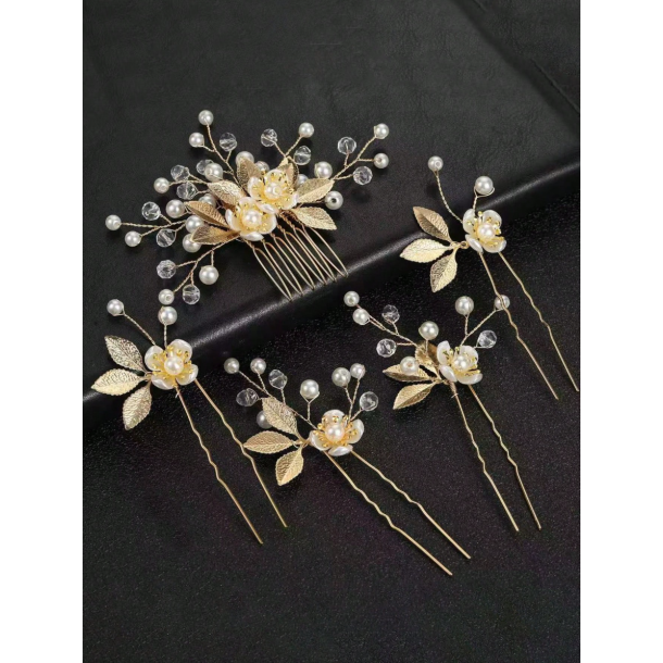 5 stk. Hrnle med hvide perler, blomster og guld blade 