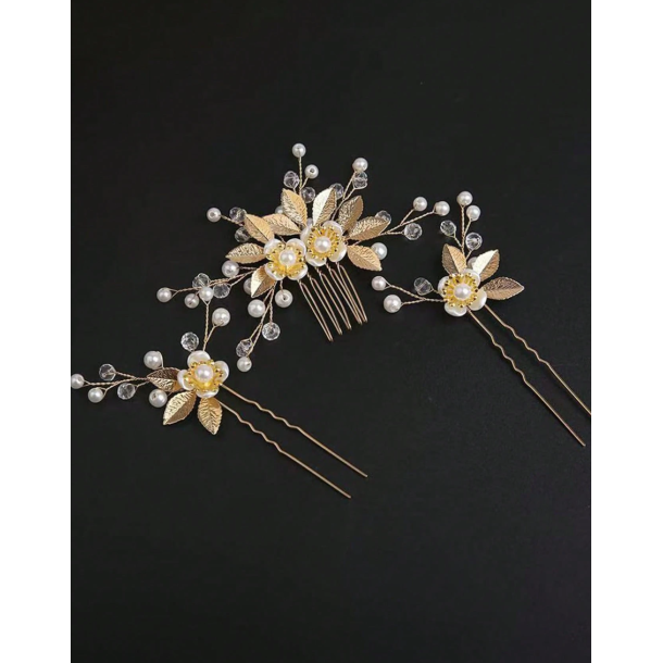 5 stk. Hrnle med hvide perler, blomster og guld blade 