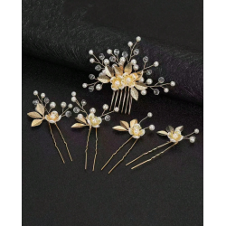 5 stk. Hrnle med hvide perler, blomster og guld blade 