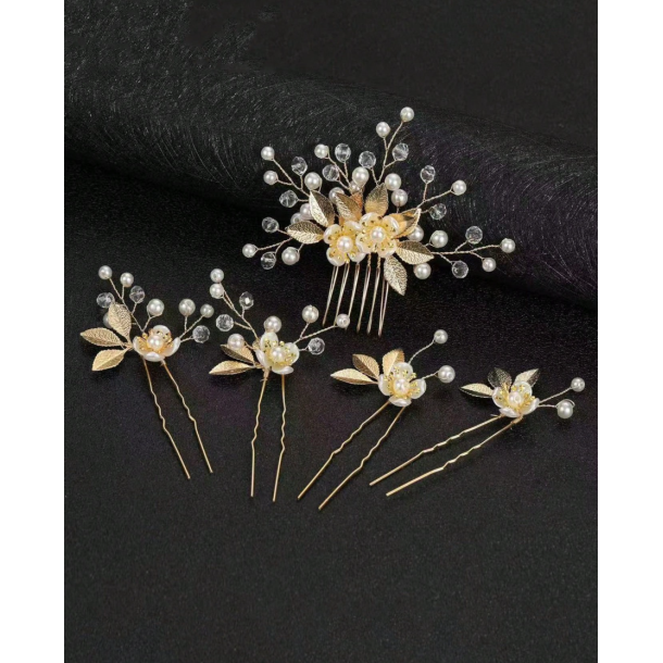 5 stk. Hrnle med hvide perler, blomster og guld blade 