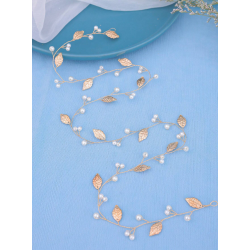 Langt hr smykke med fine hvide perler og forgyldt blade 