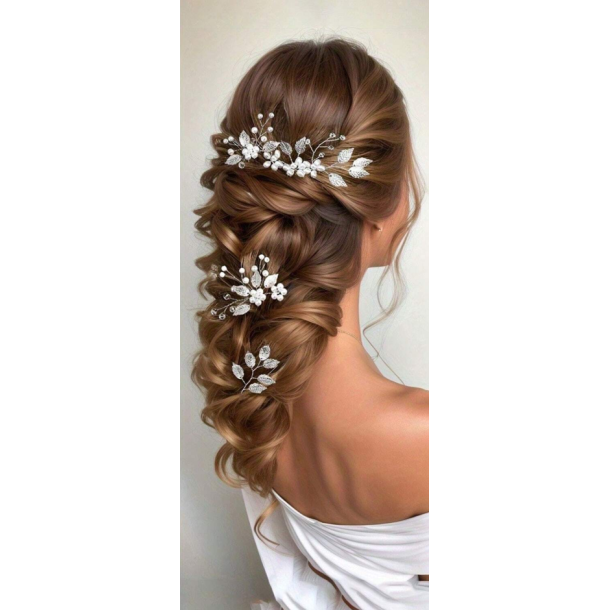 4 stk. Hrnle med hvide perler og slv blade 