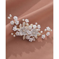 Guldfarvet hrclips med smukke blomster og sm sde perler 