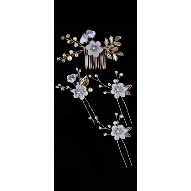 Guld farvet hrnl med blomster og rhinesten - Sart bl