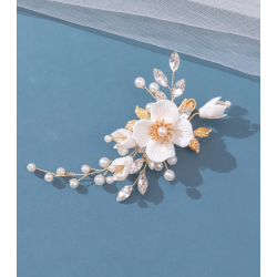 Forgyldt hrclips med smukke hvide blomster, forgyldte blade og krystalperler 