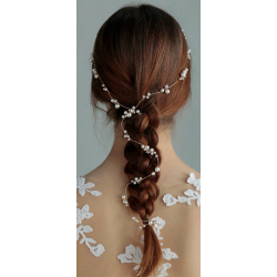 Langt hr smykke med fine hvide perler, stjernerog forgyldt blade - 100cm