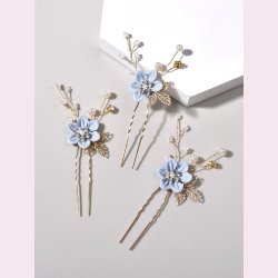 3 stk. Guldfarvet hrnle med blomster, perler og blade 