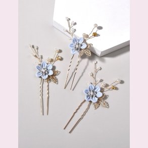 3 stk. Guldfarvet hrnle med blomster, perler og blade 