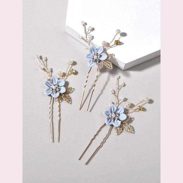 3 stk. Guldfarvet hrnle med blomster, perler og blade 