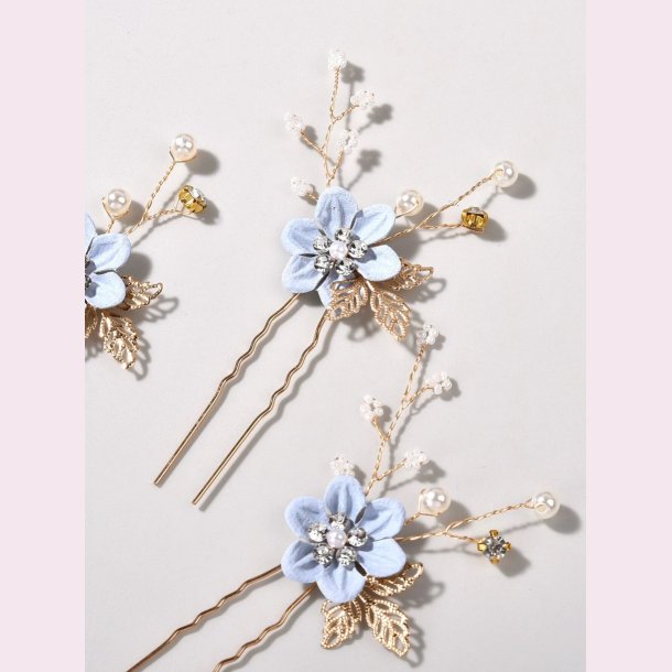 3 stk. Guldfarvet hrnle med blomster, perler og blade 