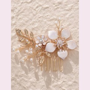 Guldfarvet hrnl med blomster, krystalperler og hvideperler 