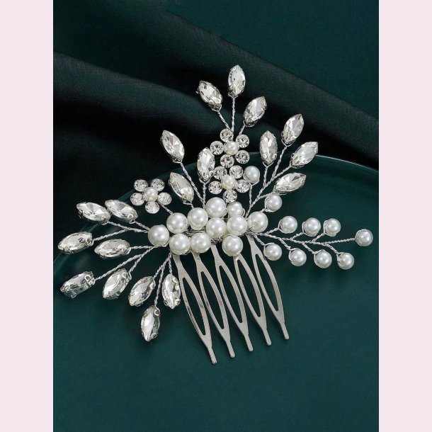 Slv hrnl med hvide perler og krystalperler