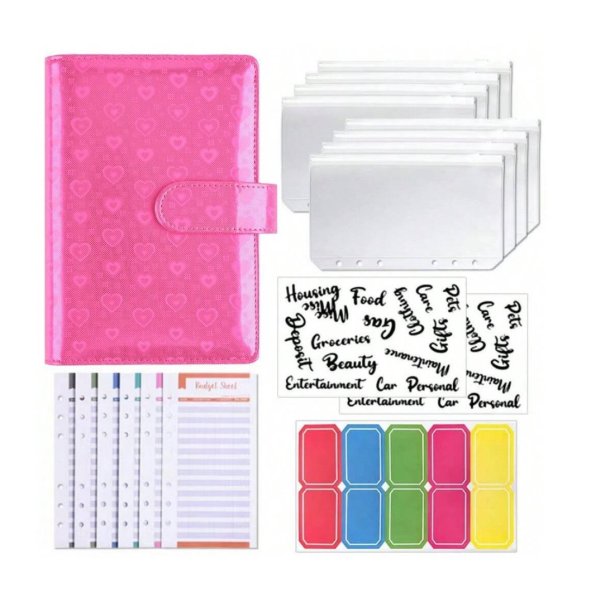 A6 Cash stuffing binder - Metallic hot pink med hjerter