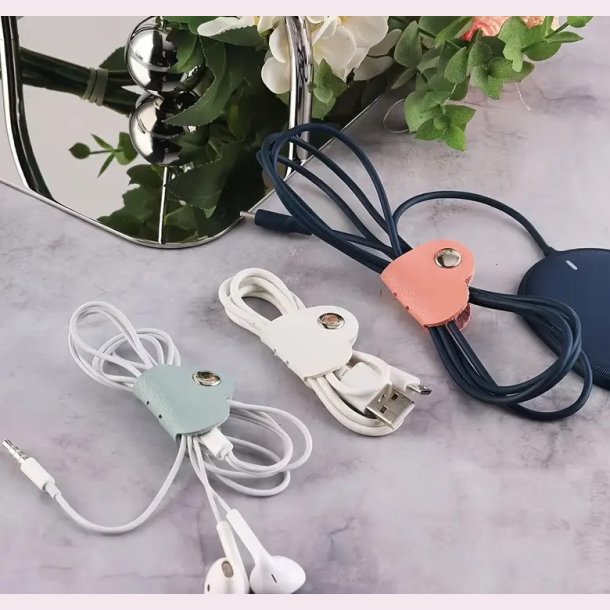 3 stk. PU-Lder Hjerteformet kabel holder - Hvid