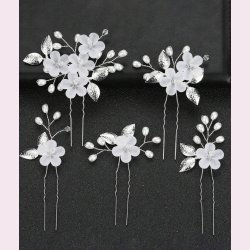 5 stk. Hrnle med hvide perler og krystalperler - Slv