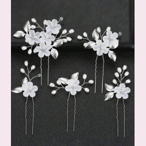 5 stk. Hrnle med hvide perler og krystalperler - Slv