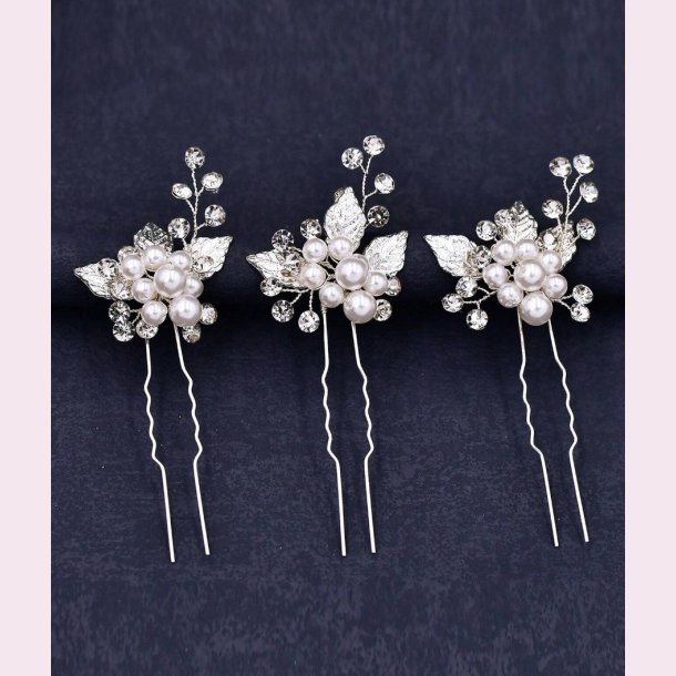 3 stk. Slv hrnle med hvide perler, krystalperler og slv blade 