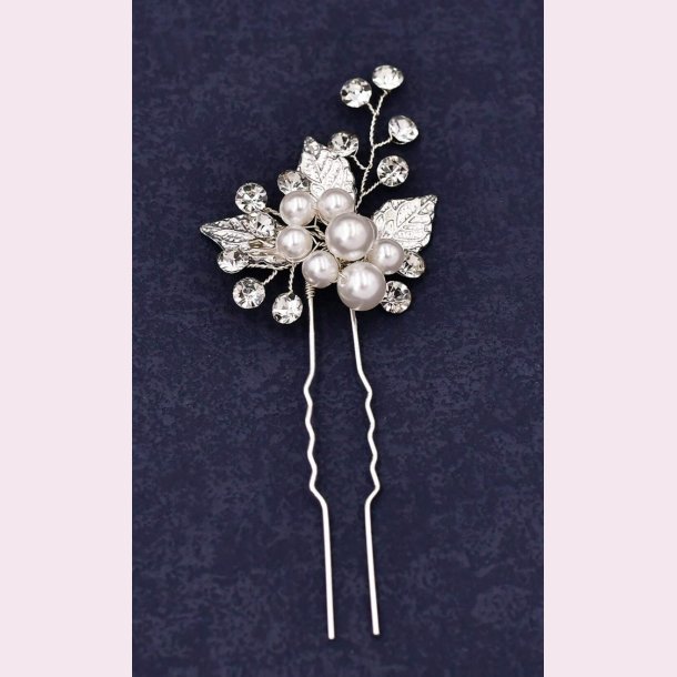 3 stk. Slv hrnle med hvide perler, krystalperler og slv blade 