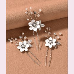 3 stk. Slv hrnle med hvide blomster, perler og blade 