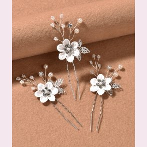 3 stk. Slv hrnle med hvide blomster, perler og blade 