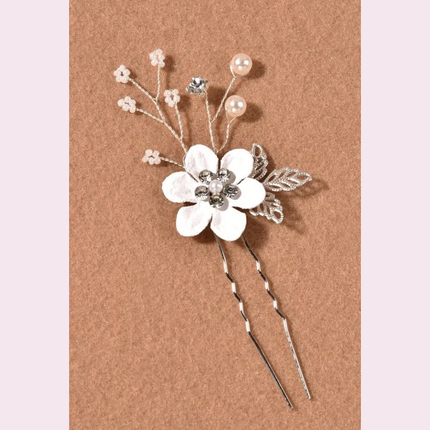 3 stk. Slv hrnle med hvide blomster, perler og blade 